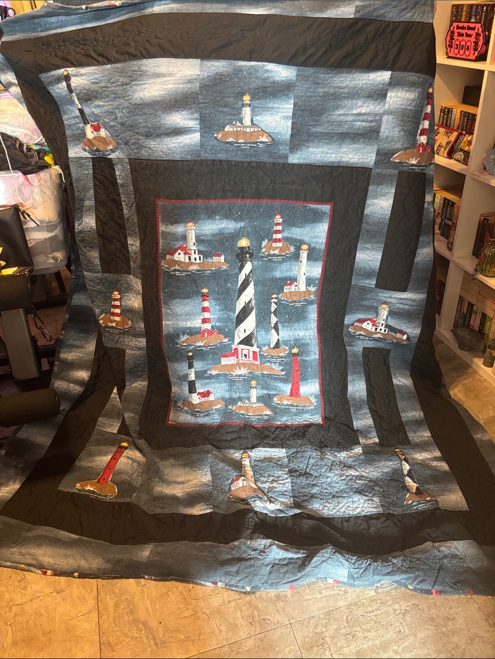 Handmade Lighthouse Quilt Twin XL in Blue and Black